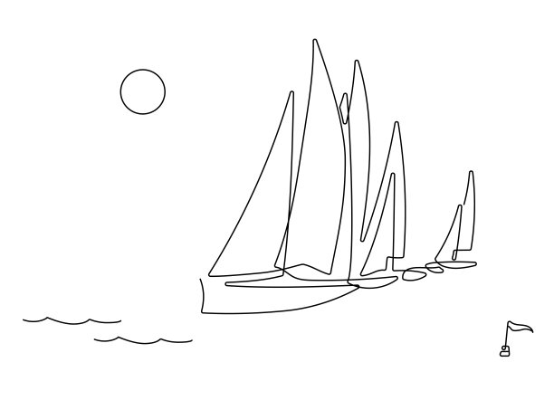 海浪上的游艇。天空中的海鸥。连续线条绘制插图。隔离在白色背景上图片下载