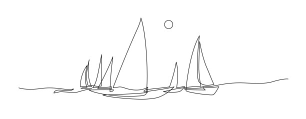 海浪上的游艇。天空中的海鸥。连续线条绘制插图。隔离在白色背景上图片下载