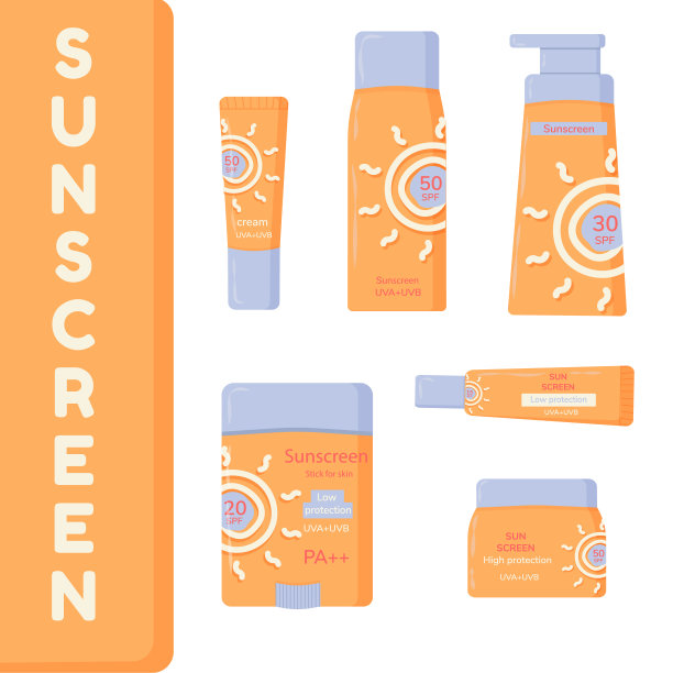 隔离防晒化妆品容器套装，矢量模板spf喷雾产品集合，平面防晒油包装和紫外线阻挡霜瓶，创意防晒保湿管。图片下载