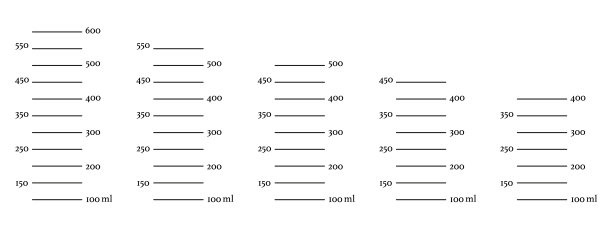 液体体积600、550、500、450、400毫升秤。计量毫升杯，壶准备烹饪。在白色背景上孤立的图形模板。图片下载