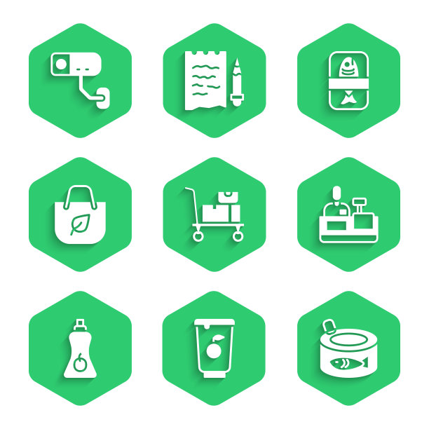 设置手推车和箱子，酸奶容器，罐头鱼，收银台收银，酱汁瓶，购物袋与回收，鱼塑料托盘和安全摄像头图标。向量图片下载