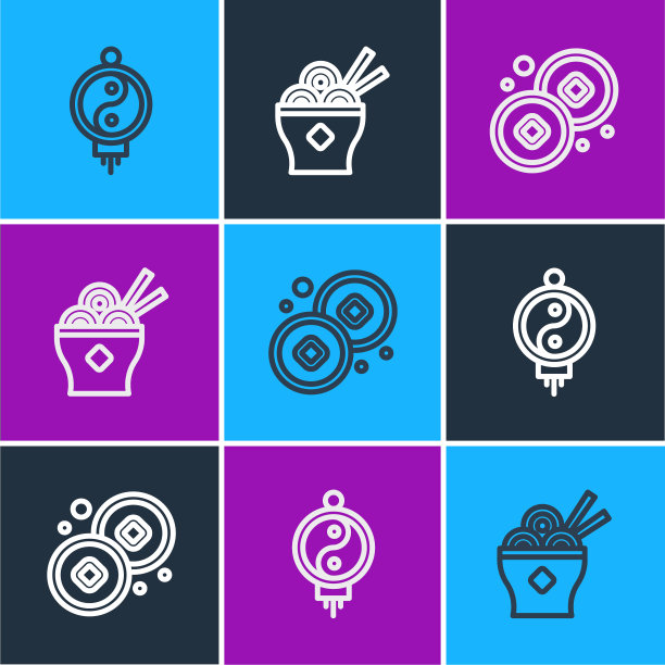 设置线中国纸灯笼，人民币货币和亚洲面条碗图标。向量图片下载