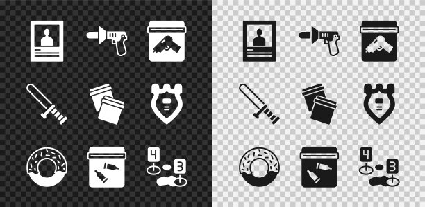 套装通缉令、警察扩音器、装有枪、甜甜圈、子弹的证据袋、犯罪现场标记、橡胶警棍和塑料自封标志。向量图片下载