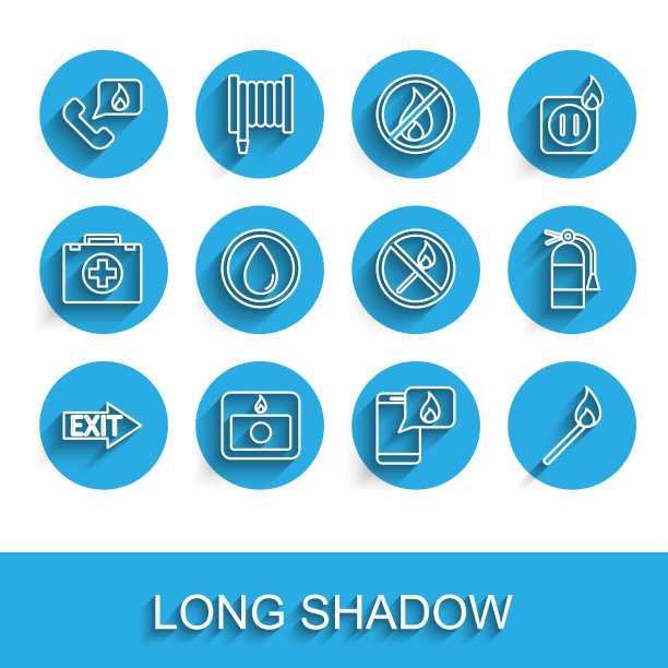 设置线路安全出口，报警系统，紧急呼叫911电话，电话，燃烧火柴，水滴，灭火器和无图标。向量图片下载