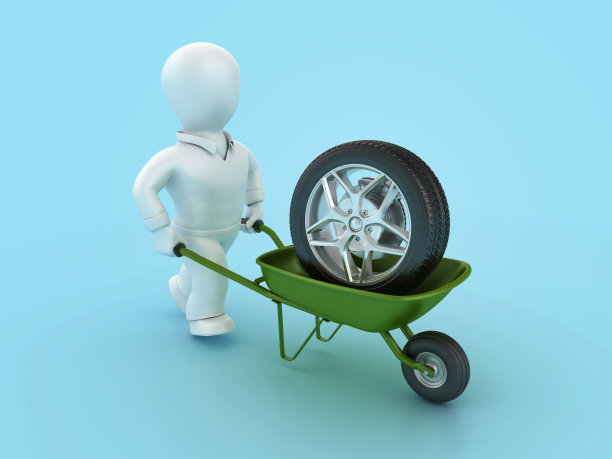 3D车轮与卡通人物和手推车图片下载