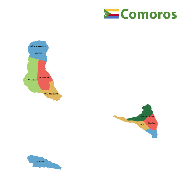 详细的科摩罗地图。科摩罗详细矢量地图。科摩罗分割地图图片下载