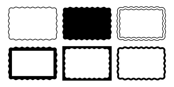 一组具有波浪形边缘的矩形框架。带有弯弯曲曲边界的矩形。镜子，图片或相框，空文本框，横幅，标签或标签。矢量图解图片下载