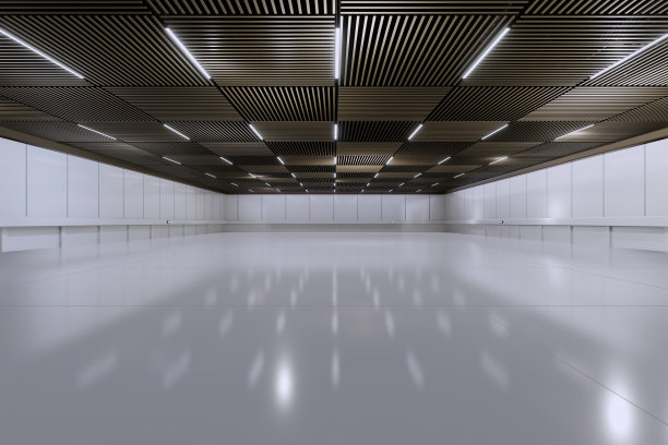 展览中心空厅。大房间。展台、摊位、市场、贸易展的背景。活动、会议的对话。用于娱乐、活动、运动的场所。工厂室内，陈列室。3 d渲染。图片下载
