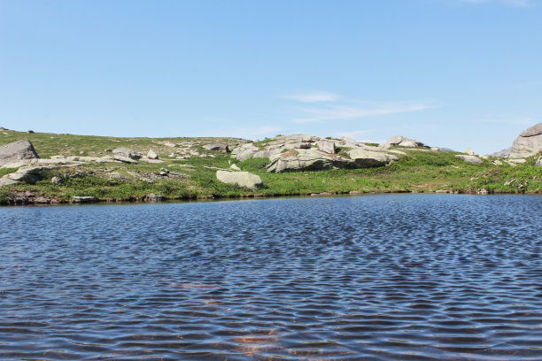清澈的湖面上细小的涟漪。夏天的自然景观照片，绿草蓝天图片下载