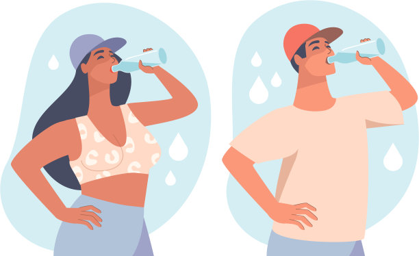 男人和女人从瓶子里喝水。保持水分概念。矢量字符图片下载