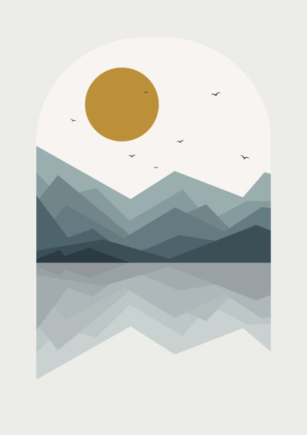 海滨和山景插图海报。黄石公园极简矢量卡通2d艺术图片下载