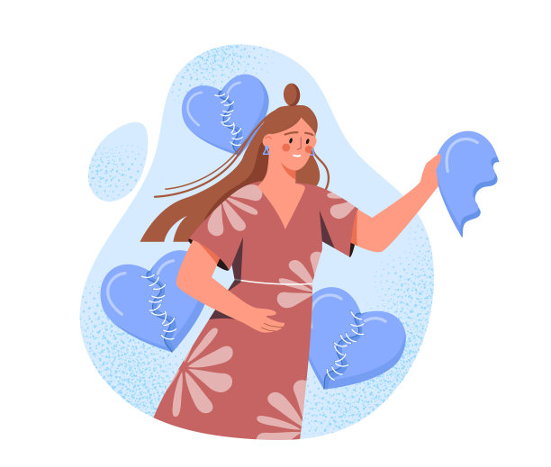 心碎的女人。年轻的女孩有蓝色的半颗心。消极的感觉和情绪。沮丧和沮丧，孤独。平面矢量图图片下载