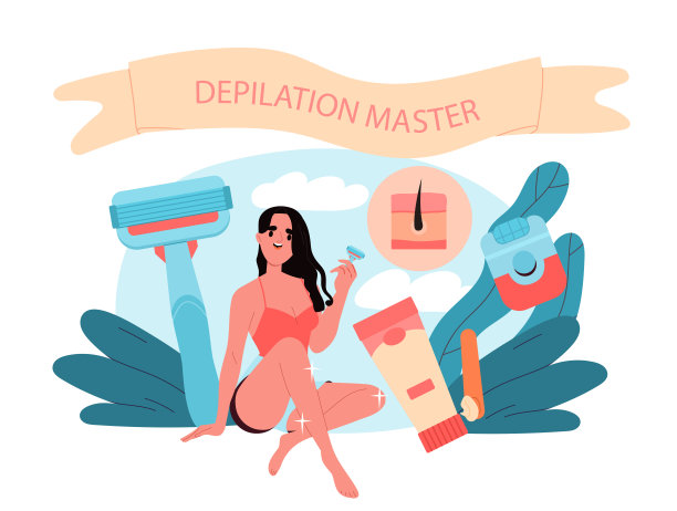 脱毛大师女人。年轻女孩用剃刀刮腿上的毛。美容和皮肤治疗。水疗治疗和美容程序。平面矢量图图片下载