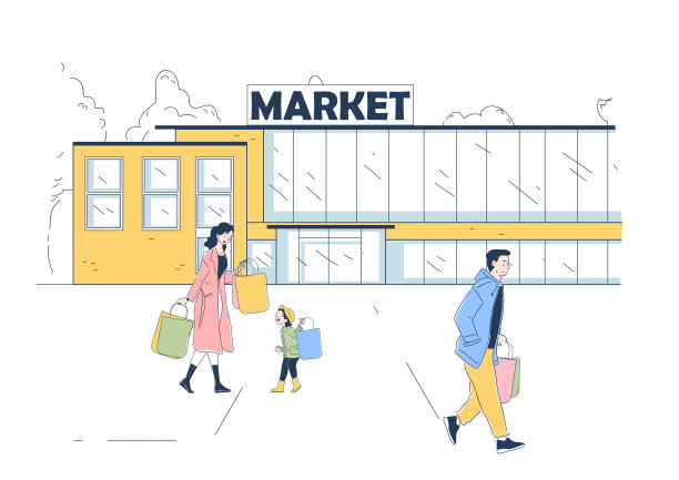 一家人在市场购物。一男一女带着包裹和女儿在购物中心附近。买家、客户和客户与市场。线性向量图解图片下载