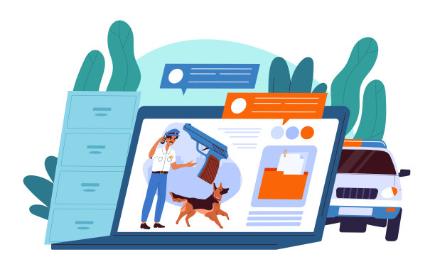 警方网站页面。穿制服的人拿着对讲机和枪靠近狗。电子存储和档案。犯罪调查。平面矢量图图片下载