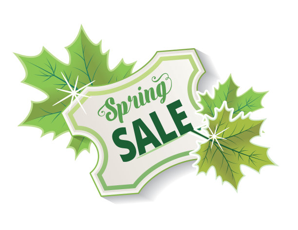 新鲜的绿色春季销售标签与枫叶图片下载