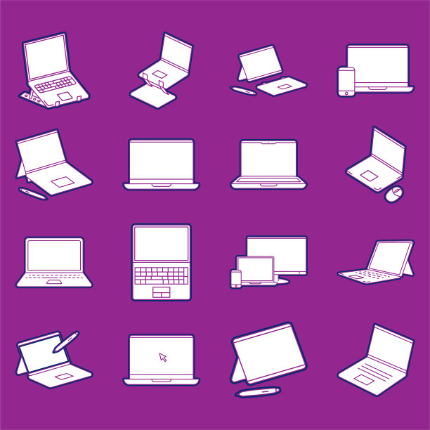 笔记本电脑图标设置在紫色背景上。图片下载