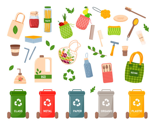 一套零浪费的生态项目。分类废物的容器。天然毛巾，环保袋和绳袋。生态洗衣粉。图片下载