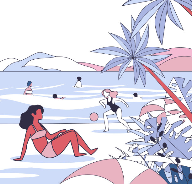海滩景色与人们游泳和放松简约风格的暑假概念五颜六色的人物享受海边活动棕榈树遮阳伞图片下载
