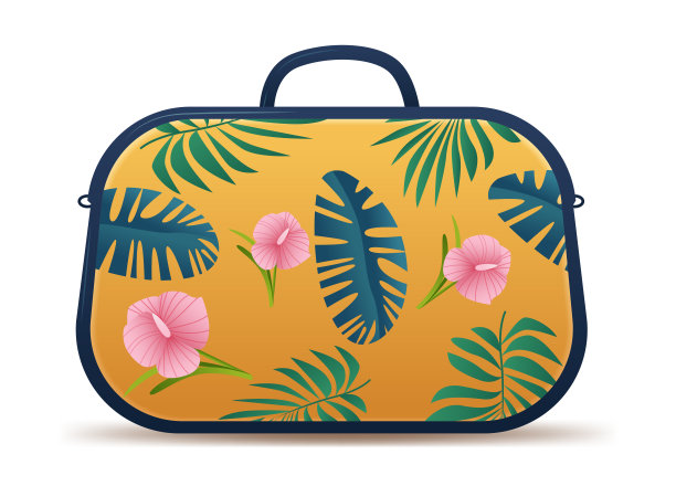 热带旅行箱，粉红色的花朵和绿色的树叶在黄色的背景旅行概念图片下载