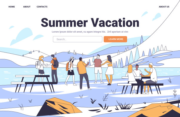 暑假户外活动人们远足野餐。一群人在湖边享受大自然，背景是山脉。网站横幅模板图片下载