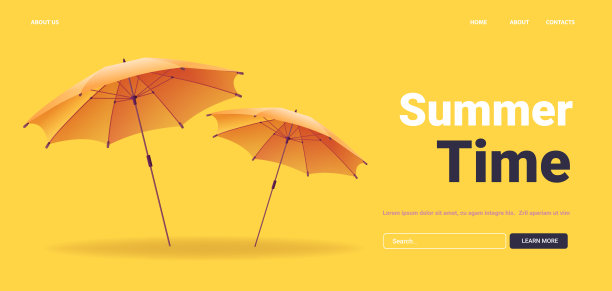 黄色背景与两个橙色的沙滩伞投射阴影夏季主题最小的设计图片下载
