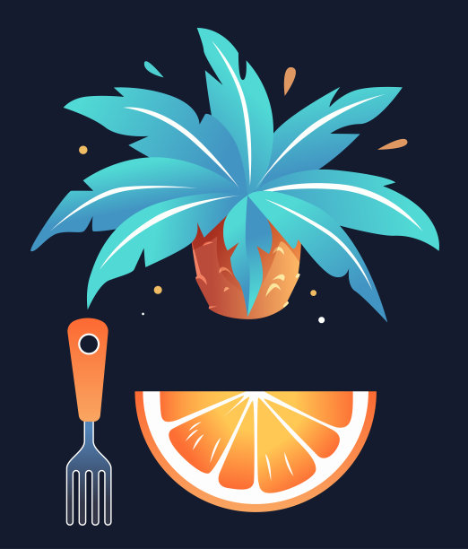 热带植物与蓝色的叶子，橙色的花盆花园叉，橙色切片暗背景图片下载