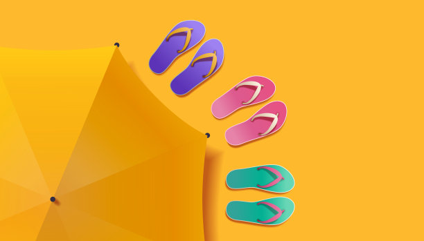 鲜艳的人字拖和亮橙色背景的黄色沙滩伞暑假概念图片下载