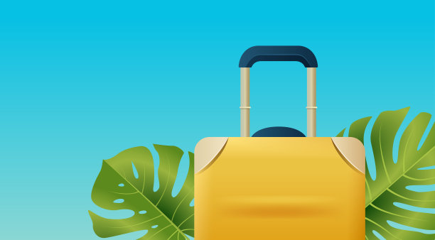 蓝色背景上带有热带树叶的黄色旅行箱图片下载