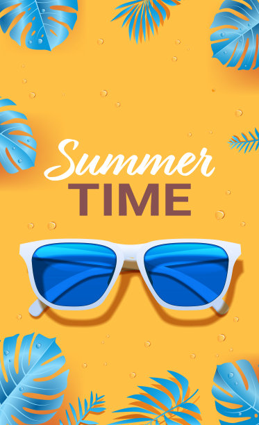 夏日太阳镜蓝色热带树叶黄色背景水滴图片下载