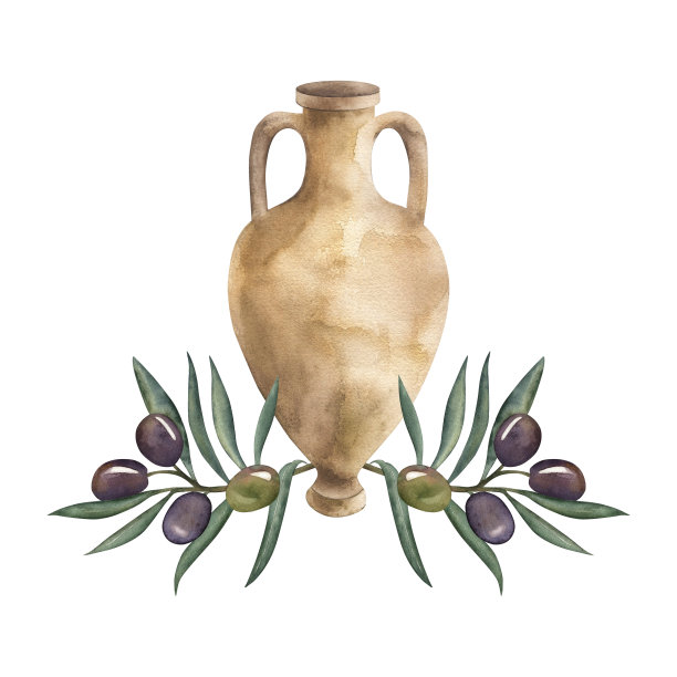 希腊语双耳罐，瓶子，橄榄果，树枝。这幅插图是手绘的水彩画，孤立在白色的背景上。适用于室内设计、节日装饰、请柬、海报。图片下载