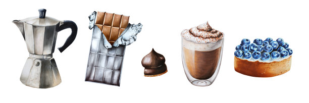 间歇泉咖啡机，锡箔包装的巧克力棒，糖果，蓝莓馅饼，玻璃杯装的拿铁。手绘水彩插图孤立的背景。适用于设计师，菜单，商店，酒吧，小酒馆，餐厅，用于明信片，包装纸，封面图片下载