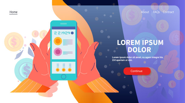 手持智能手机的数字货币概念，色彩鲜艳的硬币背景网站设计图片下载