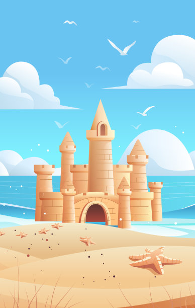 沙滩上的沙堡，海星海鸥，蓝天白云下的海浪图片下载