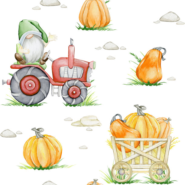 侏儒，拖拉机，南瓜。水彩手绘无缝图案图片下载