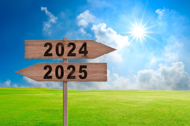 2025年和2024年的木质路标，选择未来的方向标志。决心，策略，计划，目标，前进，动力，重启，业务和新年假期的概念图片下载