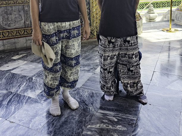 在泰国的一座寺庙里，两名游客穿着大象图案的裤子，难以辨认。这些著名的裤子在寺庙入口处出售。穿裤子或短裙不能进入太阳穴。图片下载