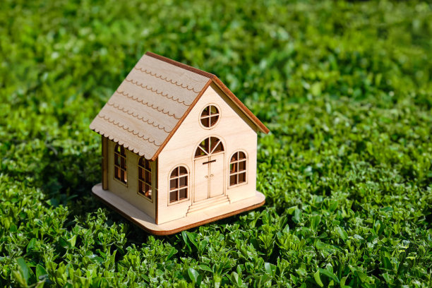 绿草地上一个漂亮的小玩具木屋。图片下载