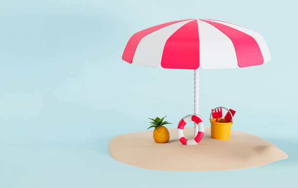 三维插图的充气环，菠萝，太阳伞和桶与铲子和沙子上孤立的蓝色背景图片下载