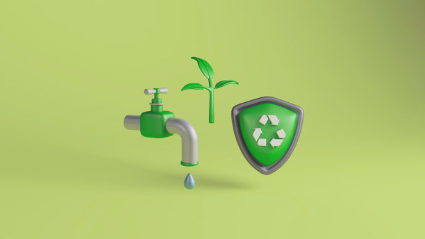 带有水龙头、植物和回收盾的生态友好符号的3D插图图片下载