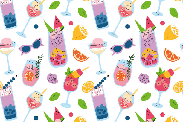无缝矢量图案与五颜六色的夏季饮料，时尚的鸡尾酒，柠檬水和无酒精鸡尾酒，装饰有水果和浆果，西瓜，蓝莓和柑橘图片下载