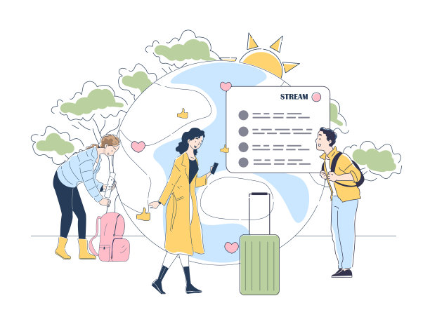 旅游视频博主的概念。男人背着双肩包，女人背着旅行箱，用相机拍下照片。为视频托管和社交网络创建内容。线性向量图解图片下载