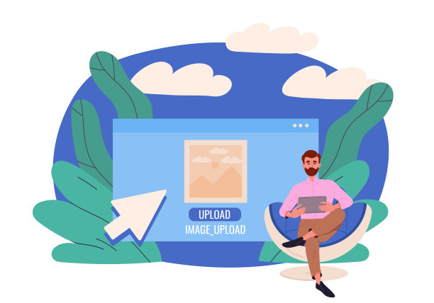 男子上传图片。年轻人用平板电脑上传图片到云服务器或存储。电子档案。计算机文件管理。卡通矢量插图图片下载