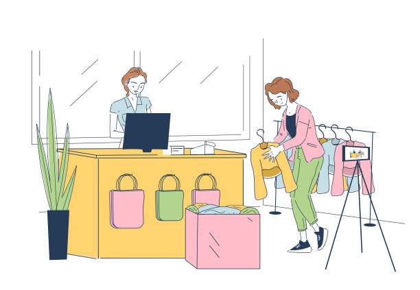 博主买衣服。在精品店拿着相机的女人选择时尚时尚的衣服。受欢迎的性格造就了内容。时尚、潮流和风格。线性向量图解图片下载