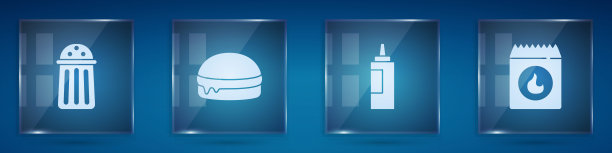 准备好盐，汉堡，酱汁瓶和烧烤煤袋。方形玻璃板。向量图片下载