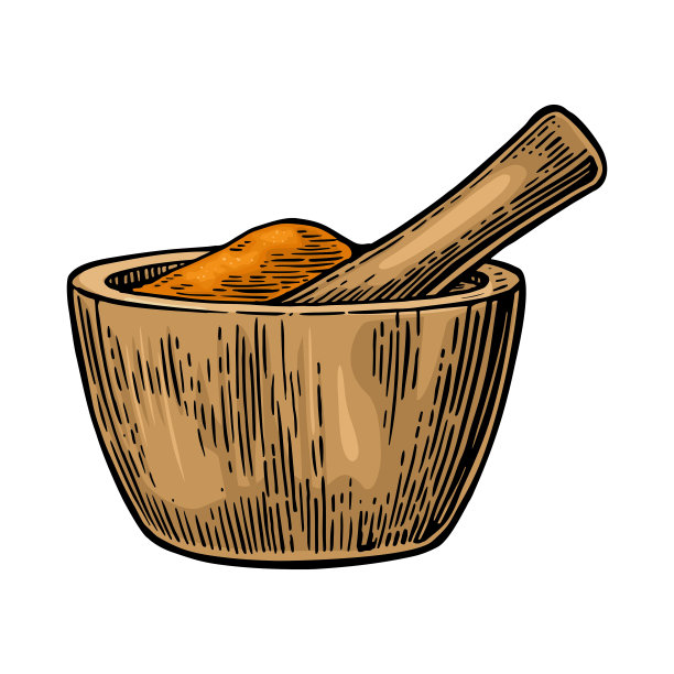 木杵和研钵，有碎块。复古色彩矢量雕刻插图图片下载