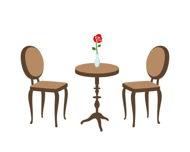 一张咖啡馆桌椅的插图，上面放着一朵玫瑰。图片下载