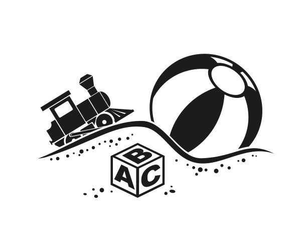 玩具在沙盒，玩具火车，游戏沙滩球和立方体与ABC字母在沙-剪出矢量轮廓轮廓图片下载
