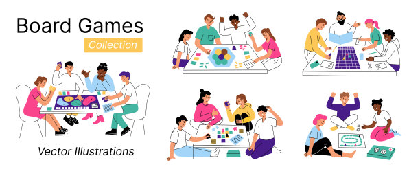 矢量插图集的人玩棋盘游戏。朋友和家人在餐桌上玩纸牌游戏。儿童，成人卡通风格的人物。有趣的休闲时间，亲密和娱乐图片下载