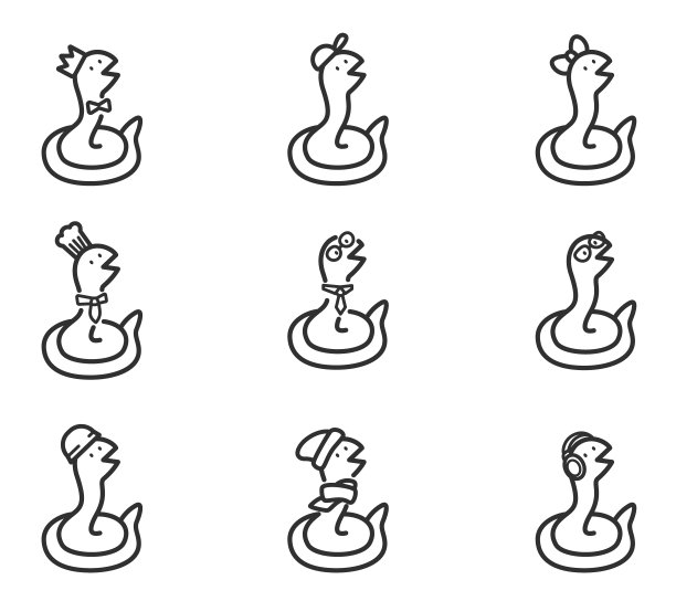 一组穿着不同服装的蛇的插图图片下载
